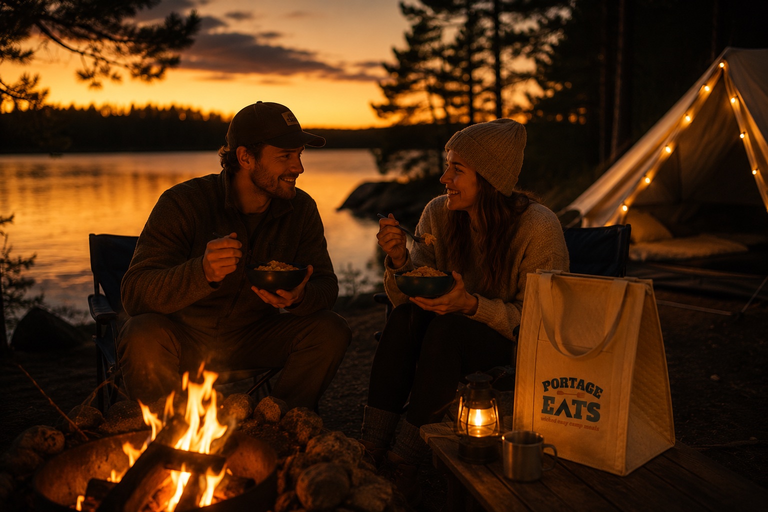 Couple enjoying a Portage Eats meal by the campfire at sunset