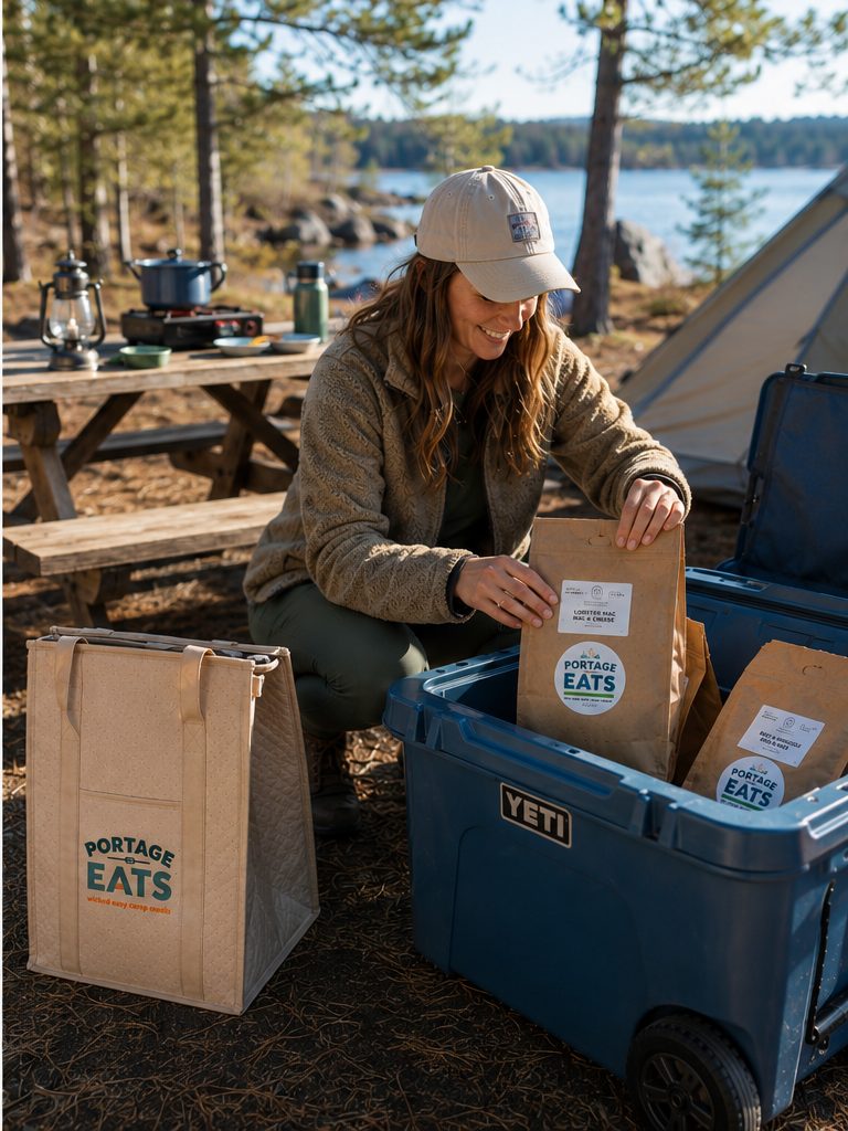Unpacking a Portage Eats kit at a campsite