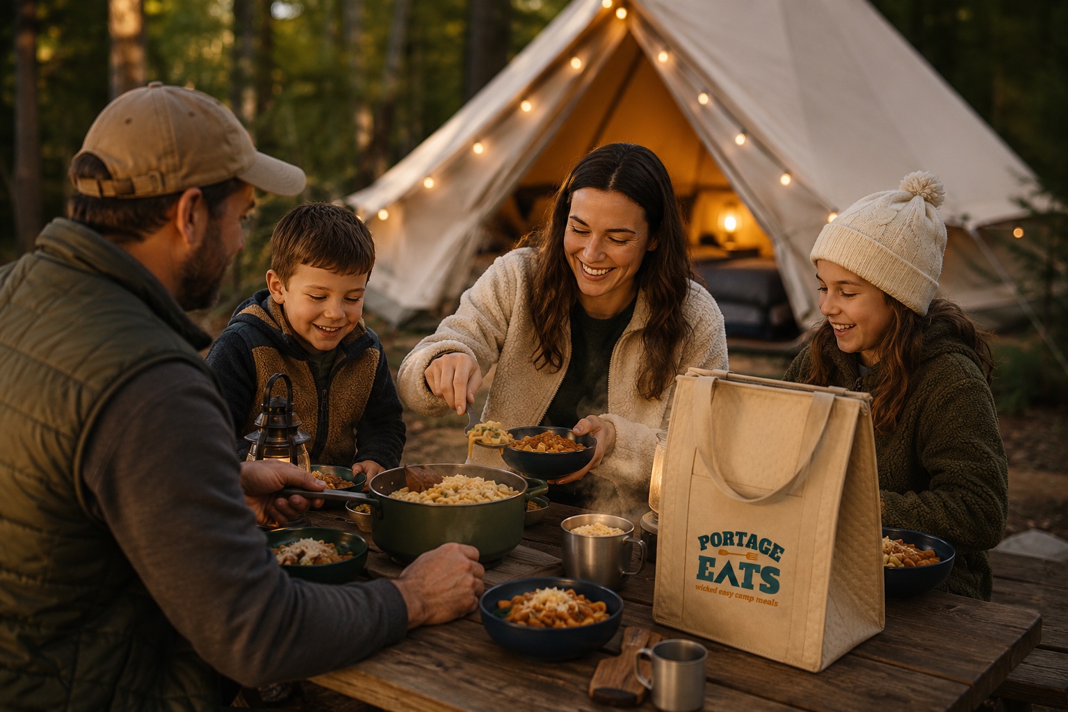 Family enjoying a Portage Eats meal at their campsite